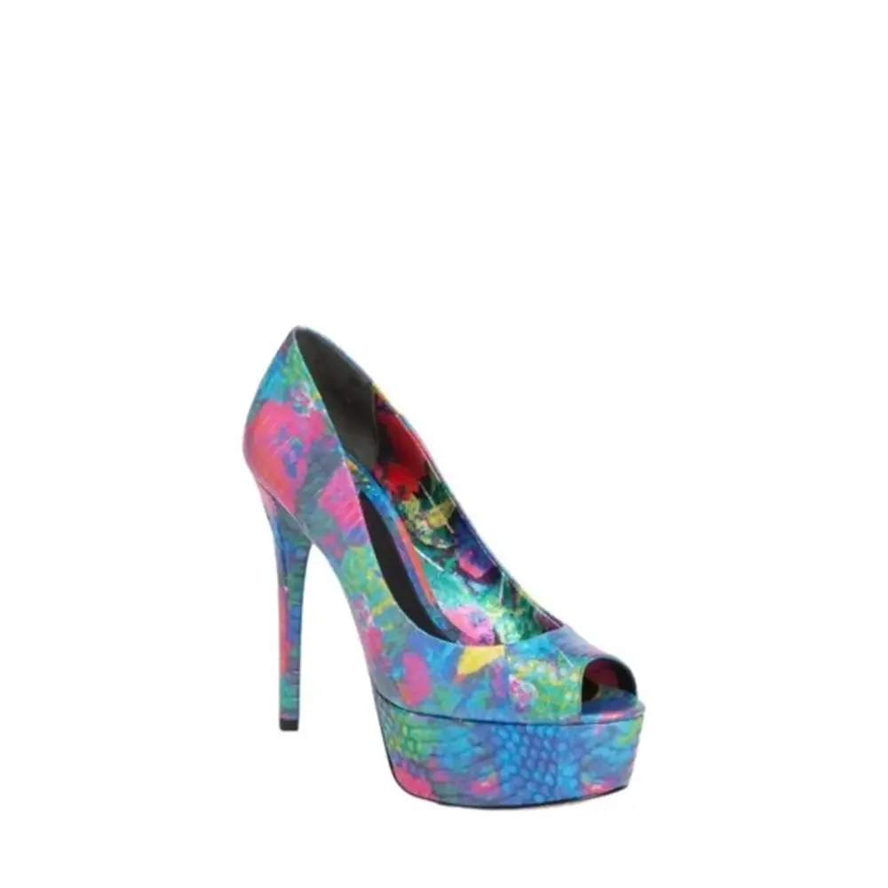 Brian Atwood Bambola Multicolored Snakeprint Peep‎ Toe Platform Heels Size 8.5